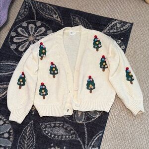 Festive Cream Cardigan with Tree Accents